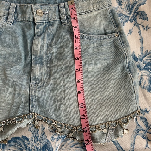 Bershka Light Wash Denim Mini Skirt with Rhinestone Fringe - Picture 9 of 9